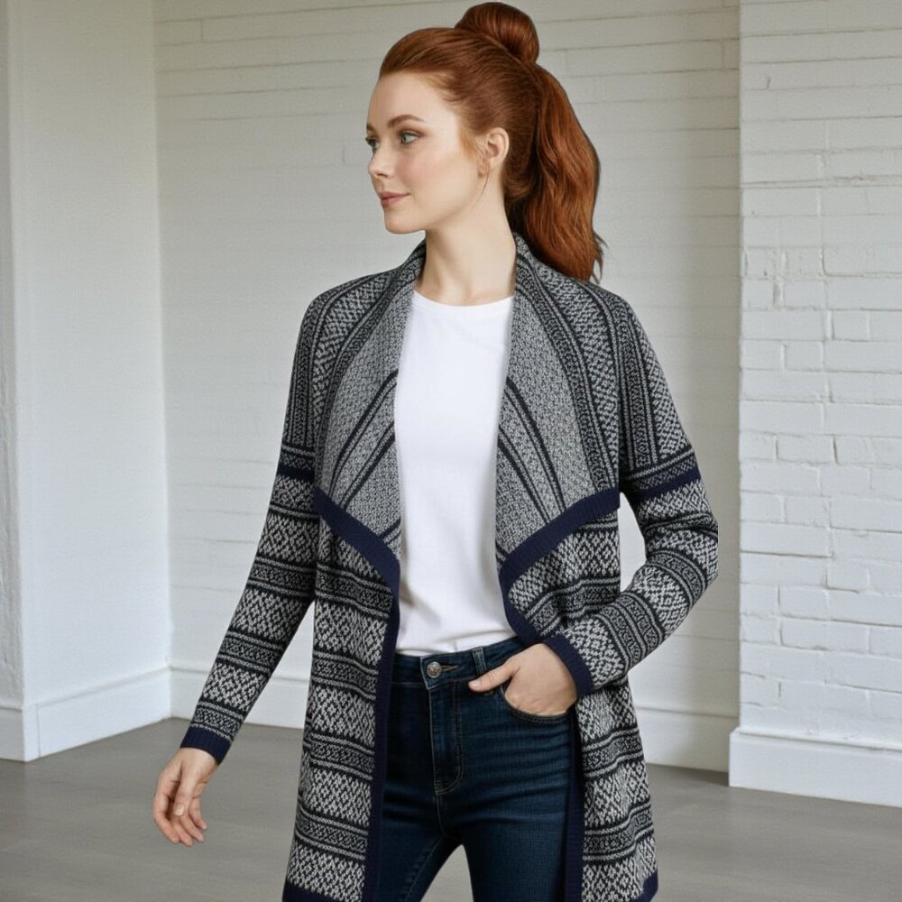 Skies Are Blue Fair Isle Open Drape Cardigan - Shawl Collar Small
